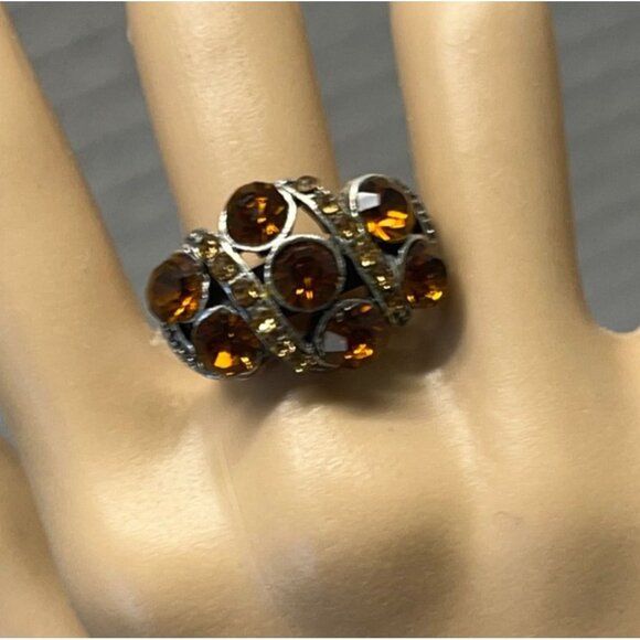 Vintage Style Topaz Rhinestone Statement Ring Adjustable Fit Silver Tone Cluster - Picture 5 of 7